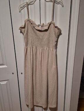 H&M Beige Smocked Midi Dress with Ruffle Neckline